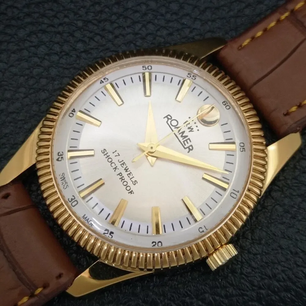 Vintage 1973 Roamer Manual Mens Gold Watch W/Leather Strap & Silver accents